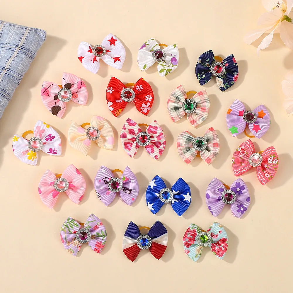 Random Color 20Pcs Mini Bowknot Hair Band for Girls Hair Accessories Dopamine Color Elastic Rubber Band Exquisite Gem Head Tie