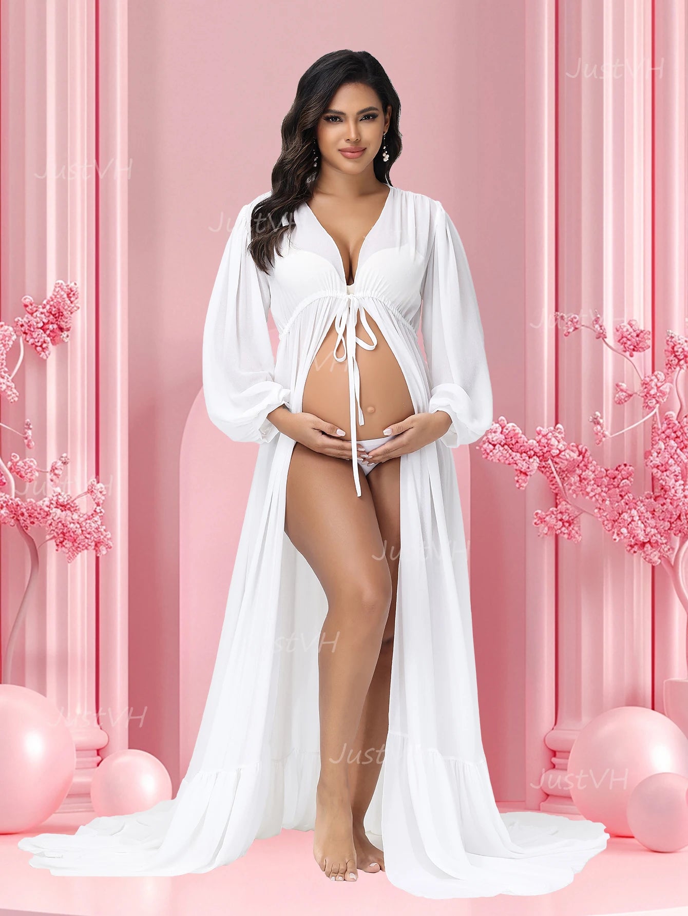 Maternity Chiffon V-neck Lantern Sleeves Slit Robe for Baby Shower Maxi Gown Photography Dress