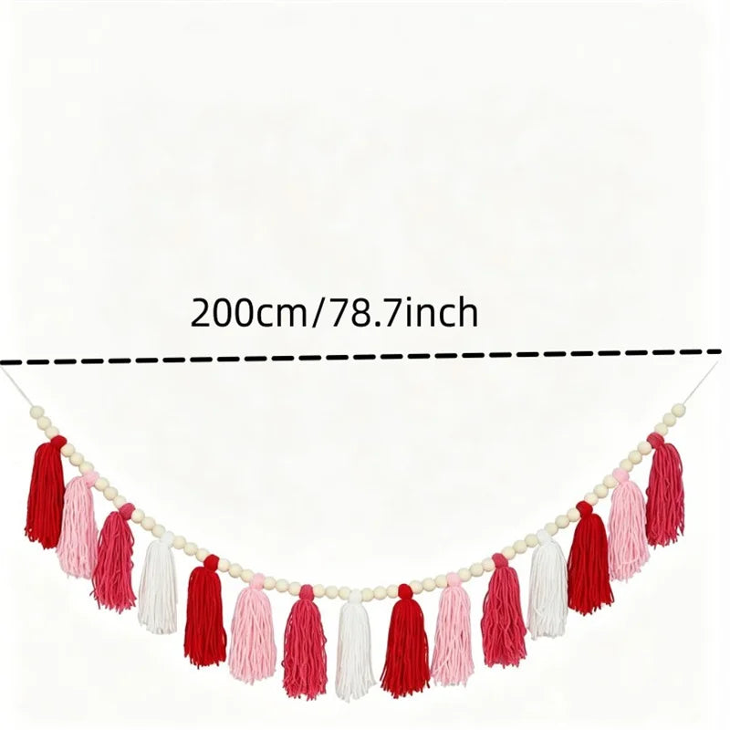 Bohemian Wooden Bead Garland with Red Tassels - Wall Decoration
