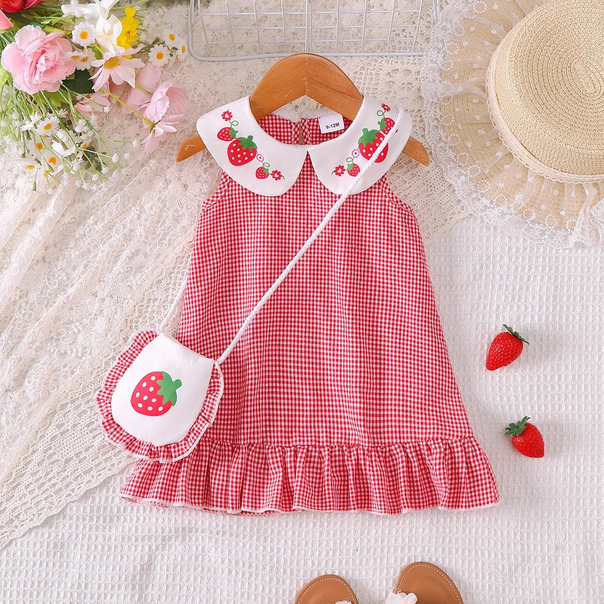 Summer Baby girl Dress Doll Collar Strawberry Printed plaid Dresses+Mini bag Set for Cute Baby girl Dresses aged 0-3 Years