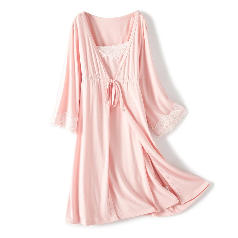 2pcs/Set Pregnancy Pajamas Sleepwear Nursing Pregnant Woman Sling Breastfeeding Nightgown Maternity Labor Dress+Robe Childbirth