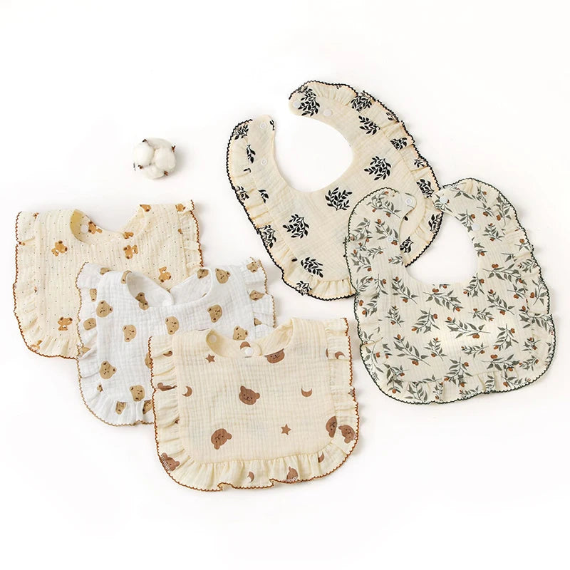 2pcs Floral Print Baby Bibs U-Shaped Snap Saliva Towel Ruffled Edge Muslin Cotton Burp Cloths Rainbow A Grade Feeding Scarf
