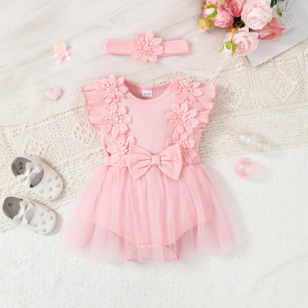 0-18 Months Newborn Baby girl Bodysuit Beautiful Flower Bow Chiffon Jumpsuit+Headband 2Pcs/Set for Baby Summer Fashion Jumpsuit
