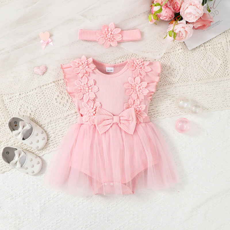 0-18 Months Newborn Baby girl Bodysuit Beautiful Flower Bow Chiffon Jumpsuit+Headband 2Pcs/Set for Baby Summer Fashion Jumpsuit