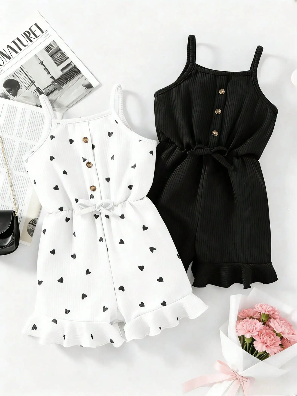 2pcs Girls Casual Summer Button up Heart-Shaped Camisole Jumpsuit Set Two Colors Suitable for Outdoor Travel