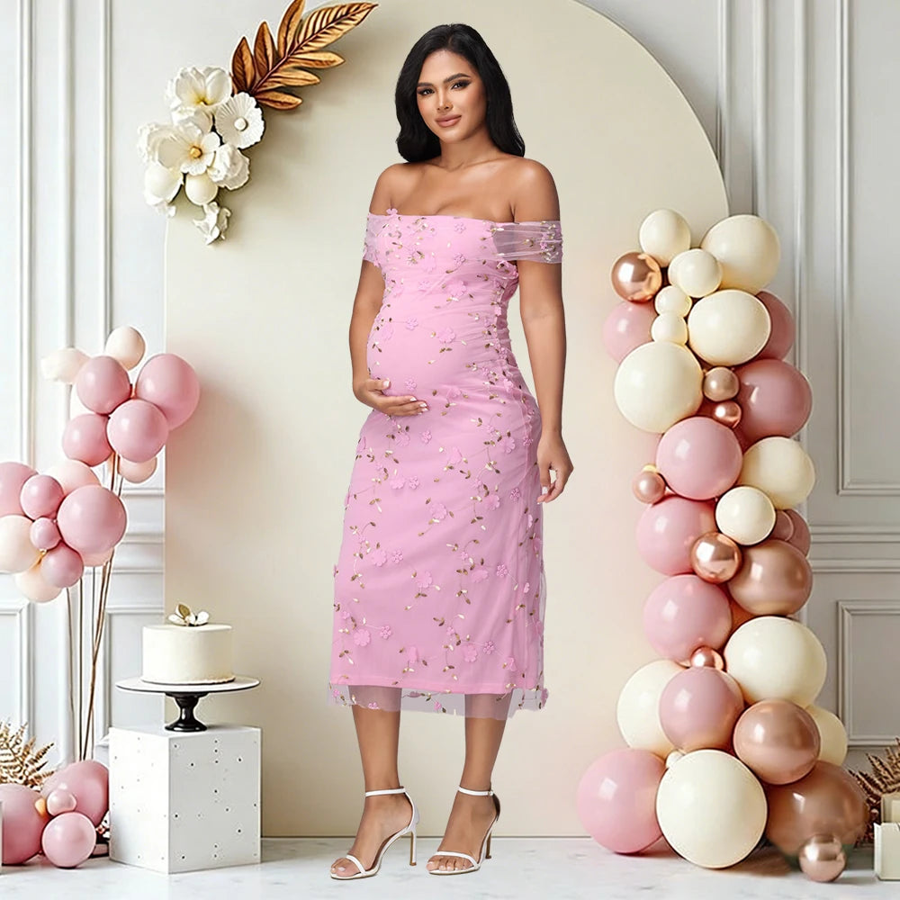 Maternity Off Shoulder Twist Floral Mesh Midi Dress Elegant Wedding Party Pregnant Women Gown for Baby Shower Photoshoot