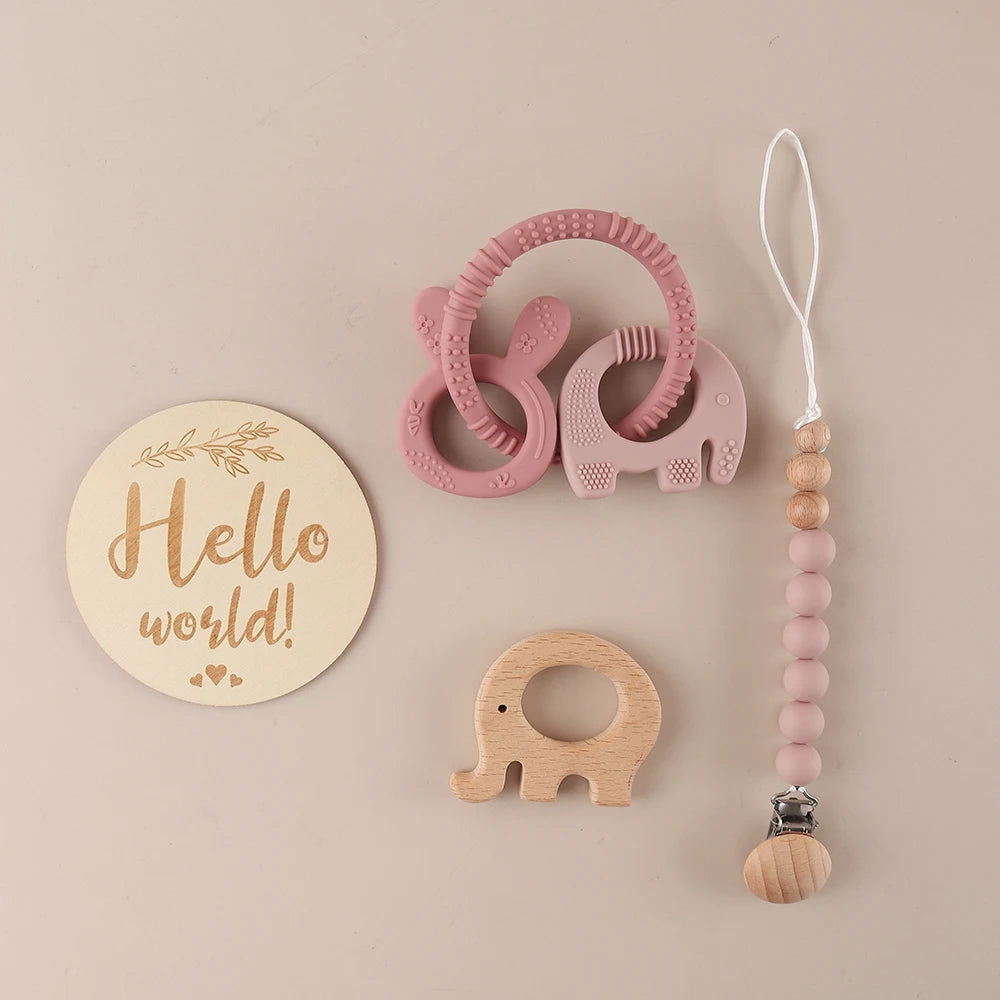 Baby Elephant & Bunny Teether Gift Set – 4 Piece Silicone Pacifier & Wooden Milestone Set