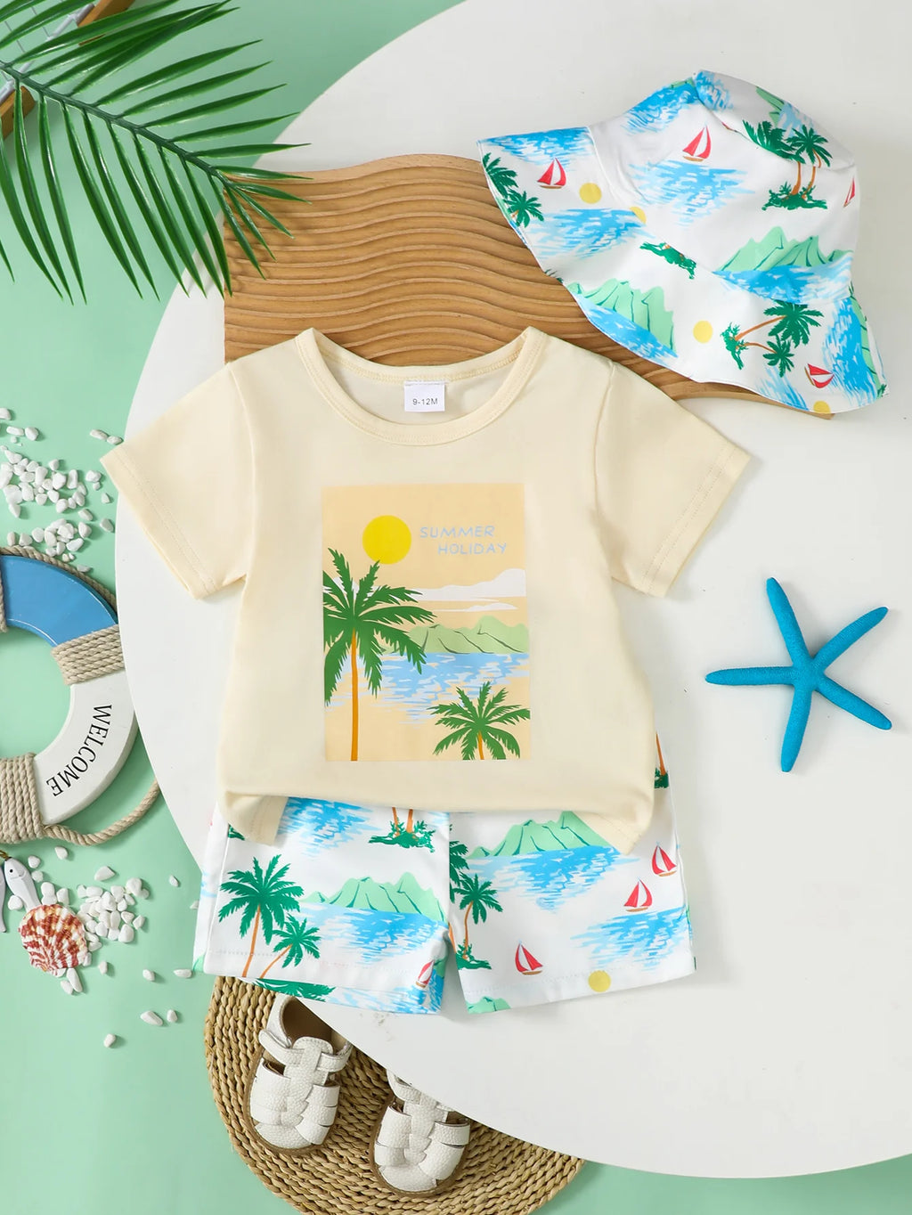 0-3 Year Boys' Summer Vacation Set Coconut Tree Seaside Printed Short Sleeve+Shorts+Hat 3Pcs/Set Seaside Vacation Leisure Set