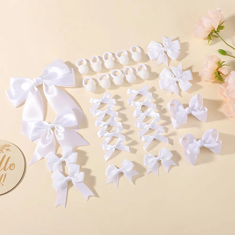 30Pcs/set Back To School Hair Bows Clip Hairband Set for Girls Navyblue White Ribbon Hair Clips Hair Rope Kids Hair Accessories