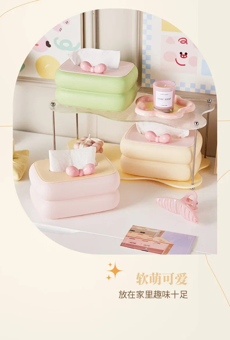 Cute desktop tissue box with spring automatic lift and large storage.