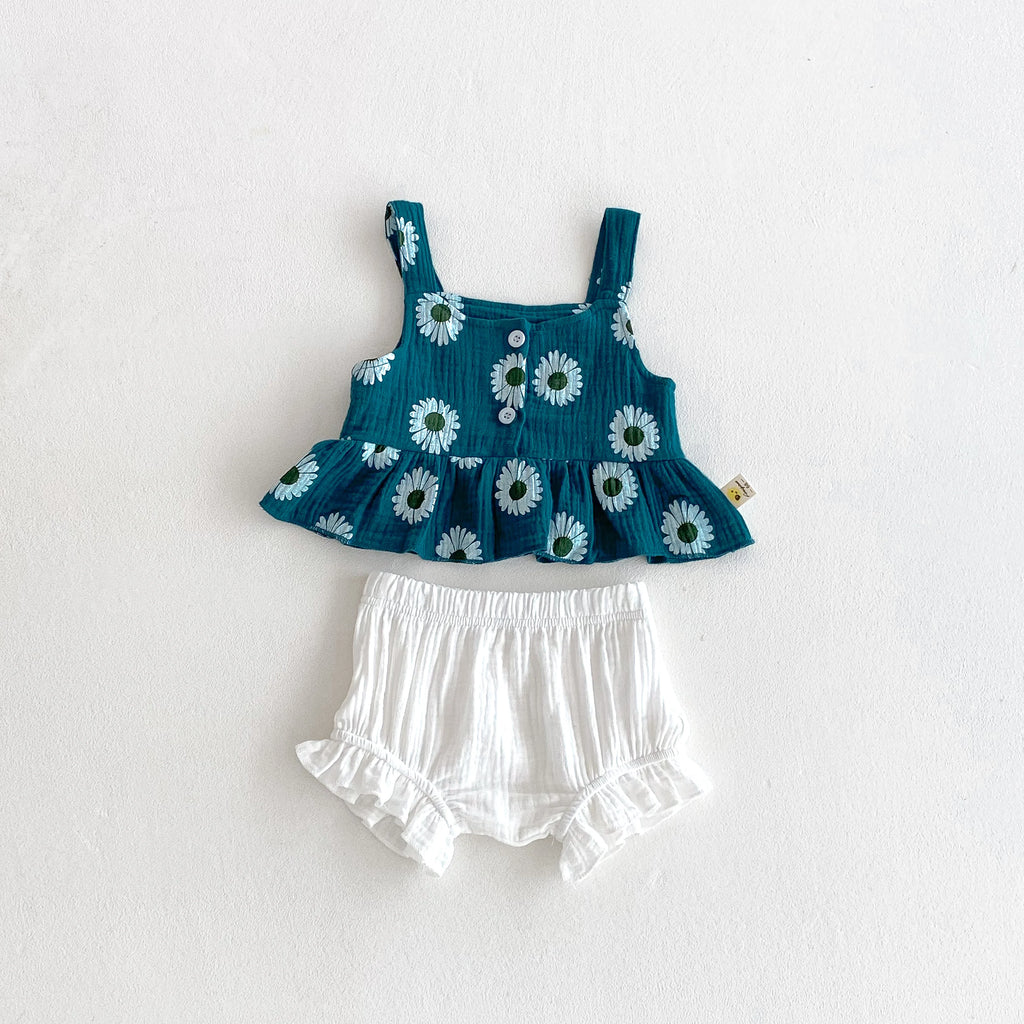 Summer Baby Girl's Daisy Printed Suspenders Top + Lace Shorts Set - Sweet Printed 2-Piece Set