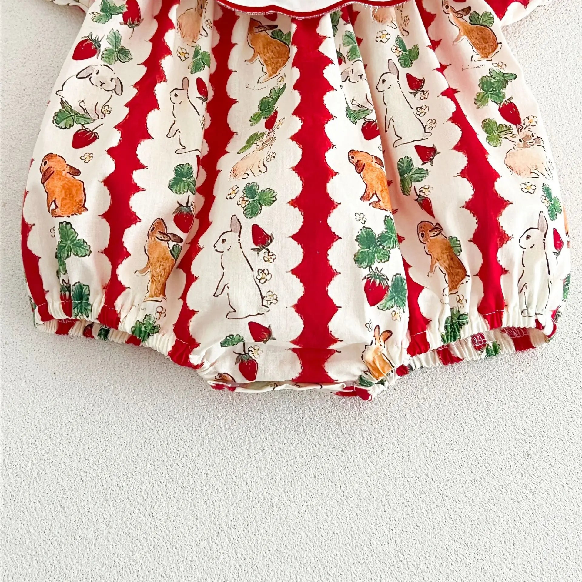 insBaby Girl Rabbit Cartoon Print Embroidered Collar Romper Infant Toddler Sweet Summer Short Sleeve Jumpsuit