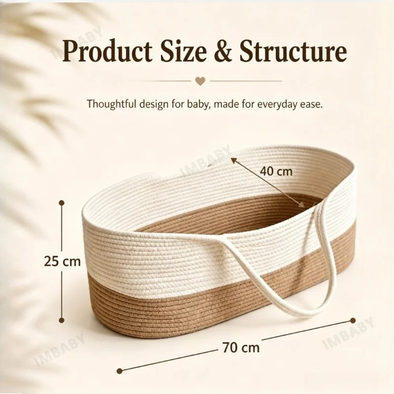 Organic Cotton Baby Cradle with Rocking Base – Portable Handheld Bassinet & Storage Basket for Newborns and Toddler Dolls