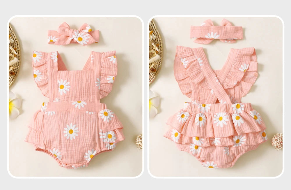 Baby Girl 2Pcs Summer Outfit Daisy Print Ruffle Flutter Sleeve Backless Romper with Headband Cute Infant Set for Daily Wear