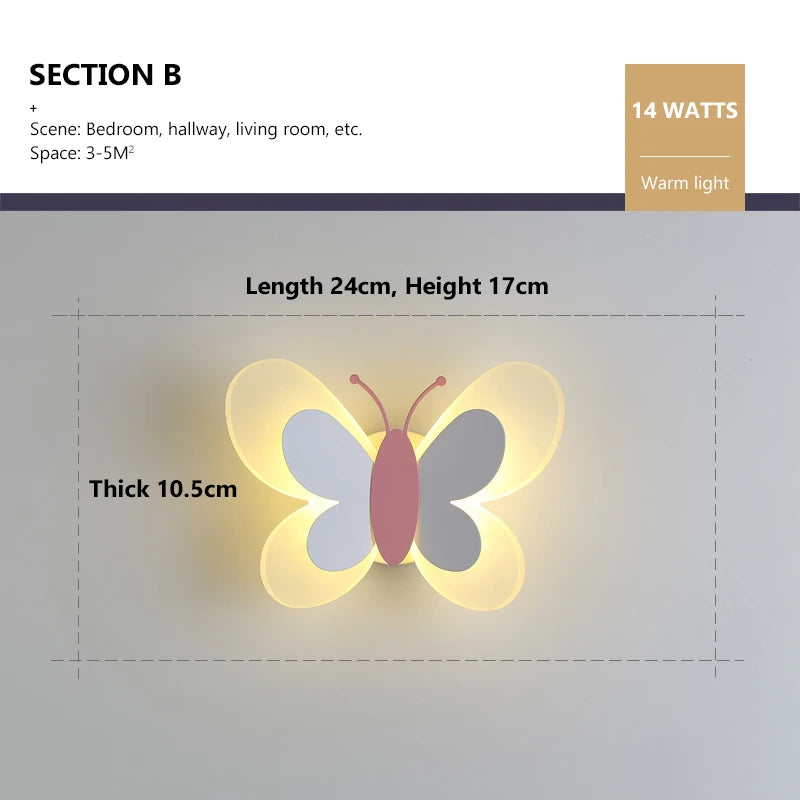 Butterfly LED Wall Light For Children's Bedroom Bedside Lamp Sconce Model BFL001