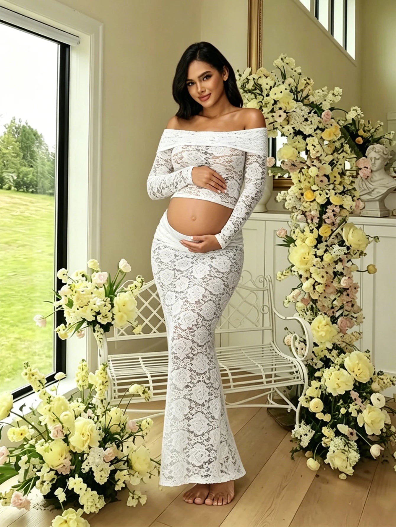 Maternity 2 Piece Outfits Dress Off Shoulder Long Sleeve See-Through Lace Top and Back Split Skirt for Baby Shower Photoshoot