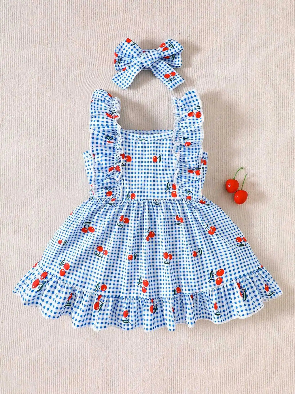 2-piece set of newborn baby girl pink cartoon strawberry plaid printed dress, cute, sweet, fresh bow headband, 0-3 months old, s