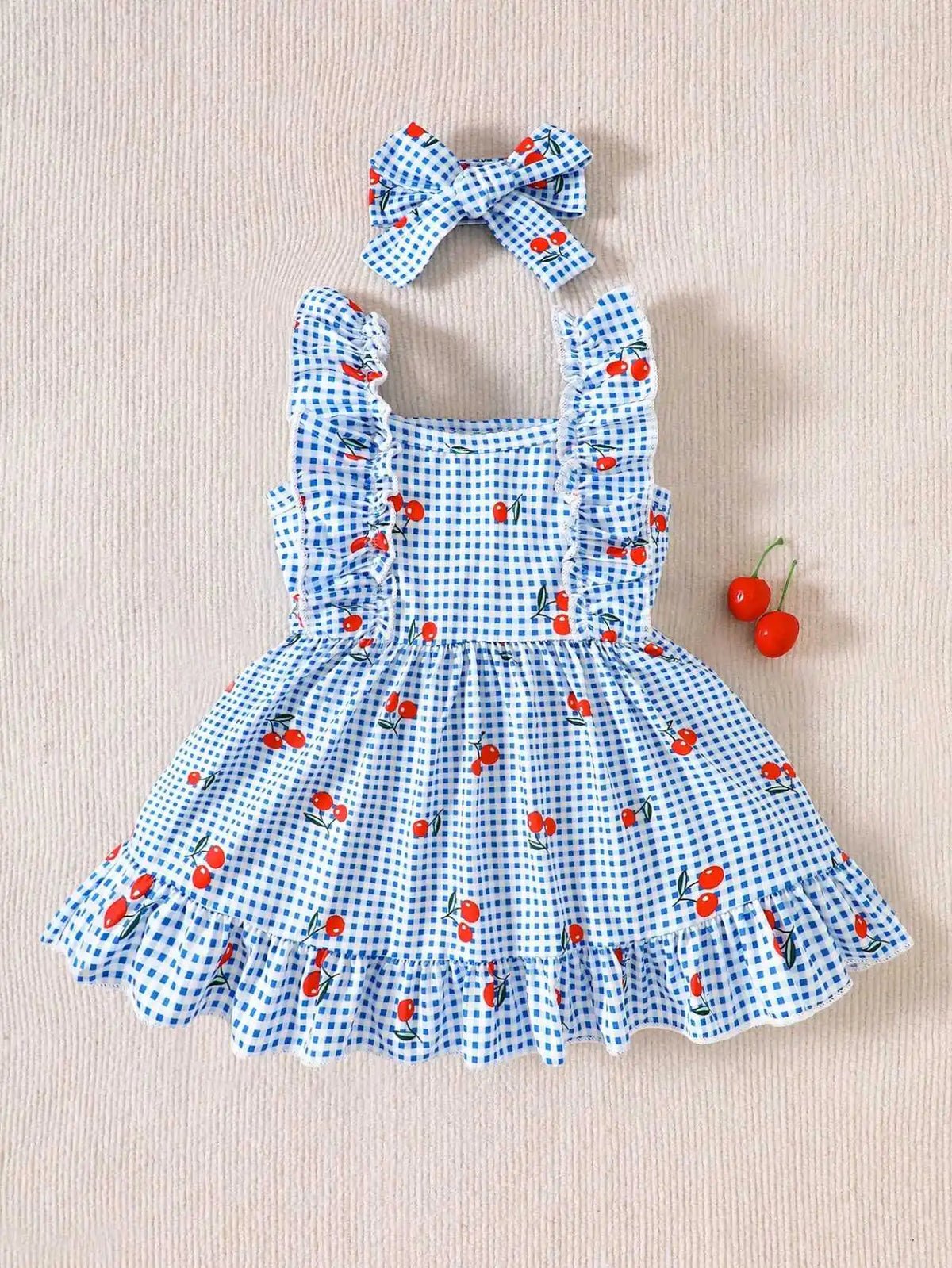 2-piece set of newborn baby girl pink cartoon strawberry plaid printed dress, cute, sweet, fresh bow headband, 0-3 months old, s