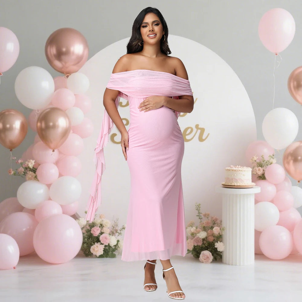 Maternity Mesh Off Shoulder Women‘s Dress for Photoshoot Exquisite Strapless Ruffle Drape Long Gown for Baby Shower