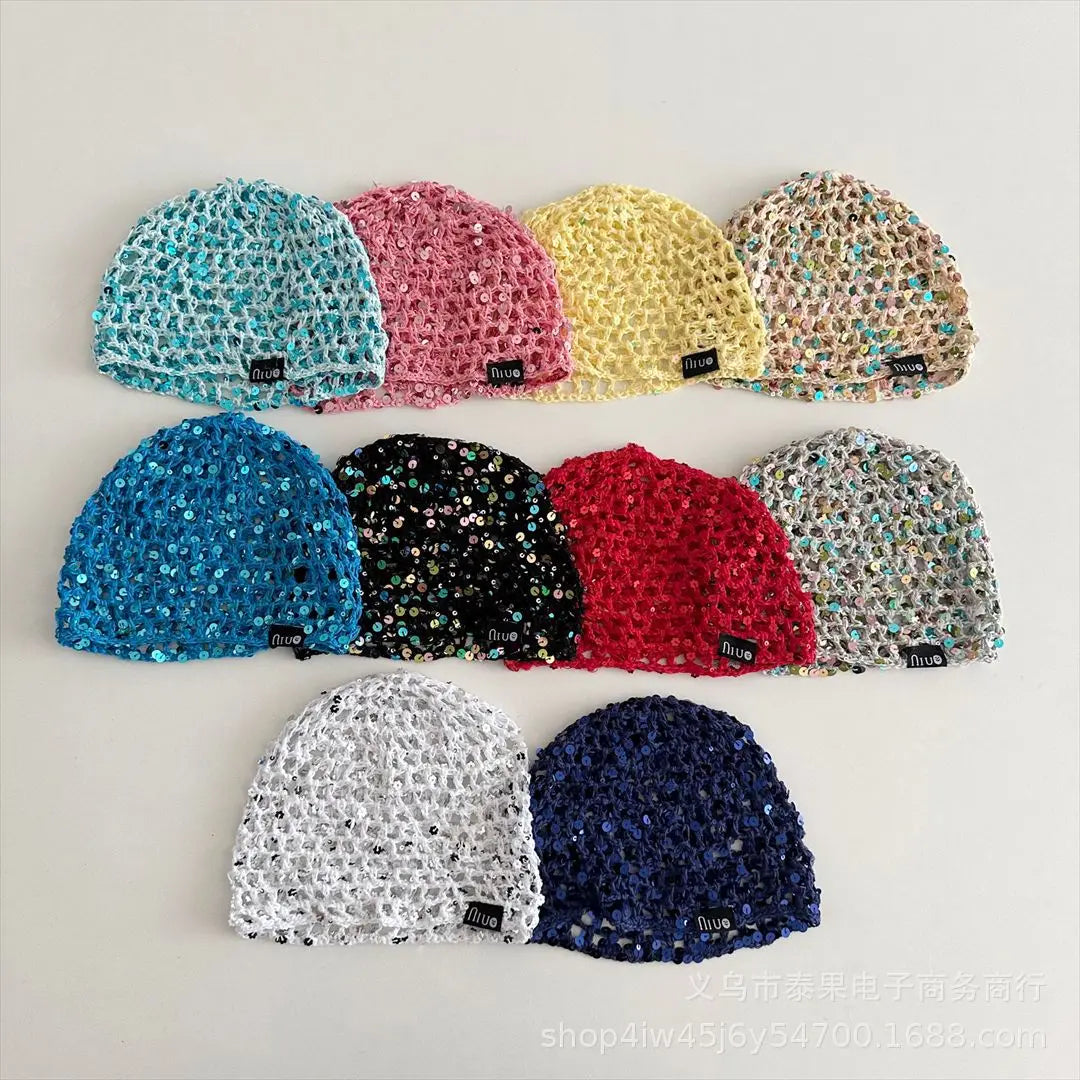 Early Autumn New Ethnic Style Sequin Hollow Knitted Pullover Hat for Girls Fashionable Stylish Fishnet Headwrap Hat