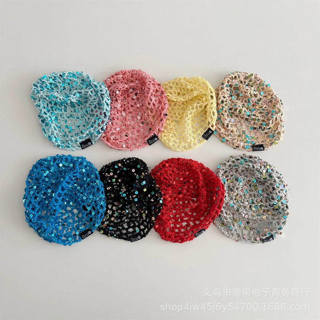 Early Autumn New Ethnic Style Sequin Hollow Knitted Pullover Hat for Girls Fashionable Stylish Fishnet Headwrap Hat