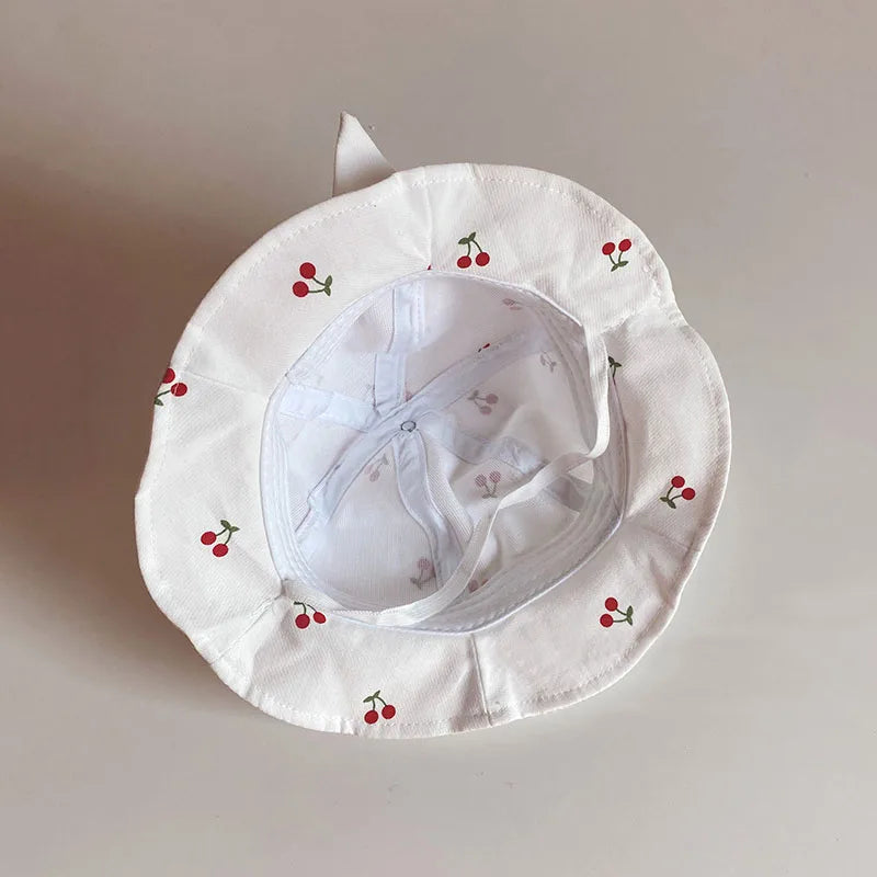 Cute Bowknot Baby Fisherman Hat Cherry Print Infant Bucket Cap 6-36Month Girls Kids Sunshade Visors Outdoor Children Basin Caps
