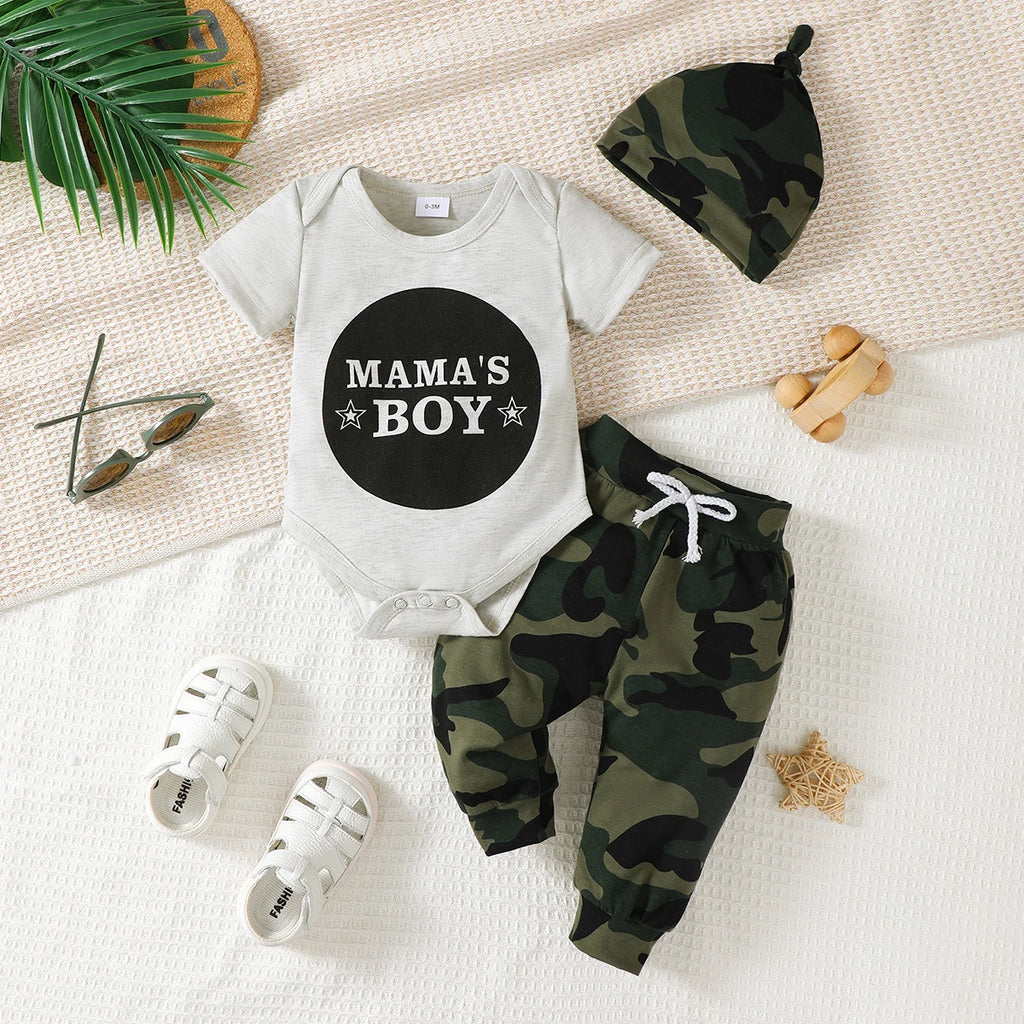 Newborn Baby Boy Set Letter Printed Short Sleeve Camouflage Printed Long Sleeve and Hat 3Pcs/Set for 0-18 Months Boys Summer Set