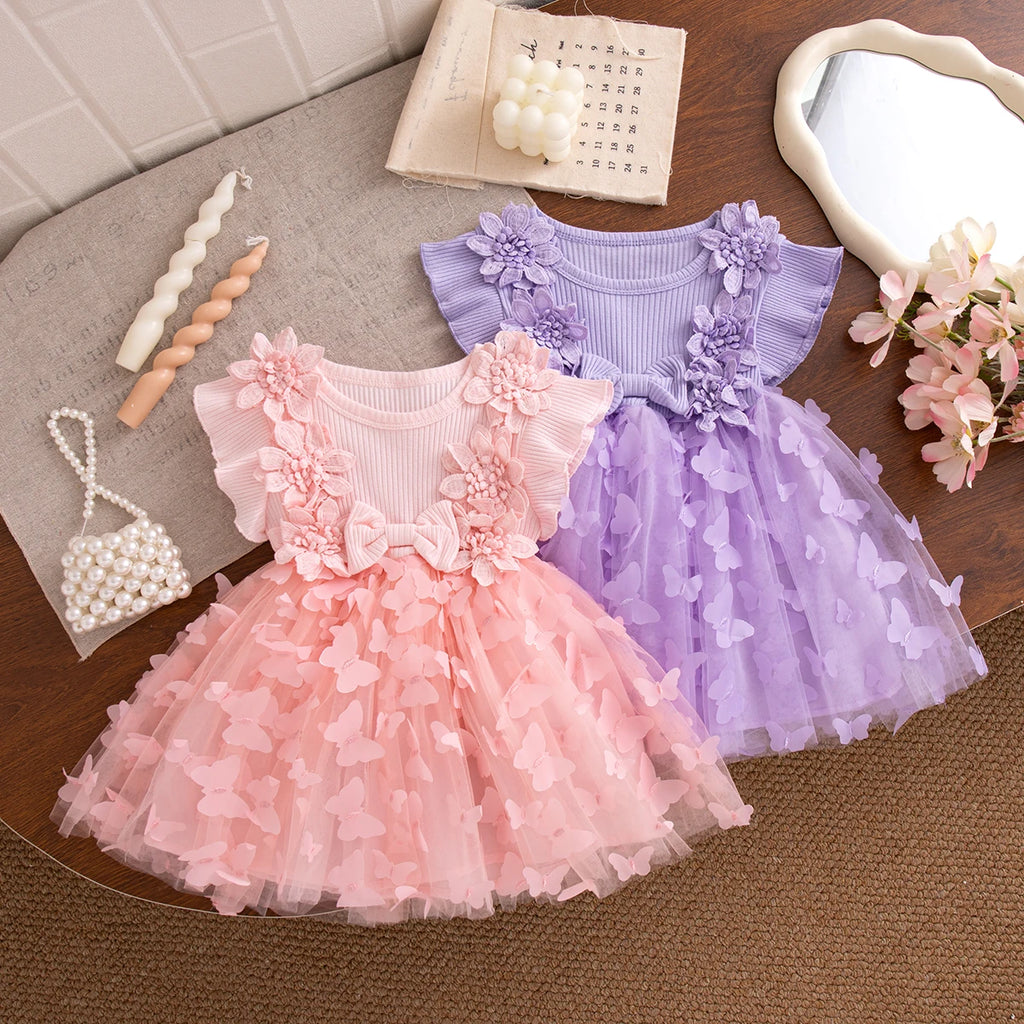 Summer Fashion Solid Color Toddler Princess Fairy Dress Korean Style Sweet Pink Bow Birthday Party Baby Girl Butterfly Dress