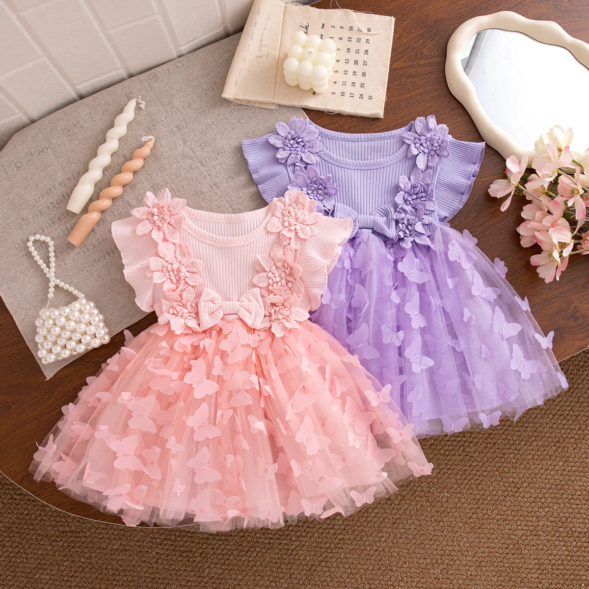 Summer Fashion Solid Color Toddler Princess Fairy Dress Korean Style Sweet Pink Bow Birthday Party Baby Girl Butterfly Dress