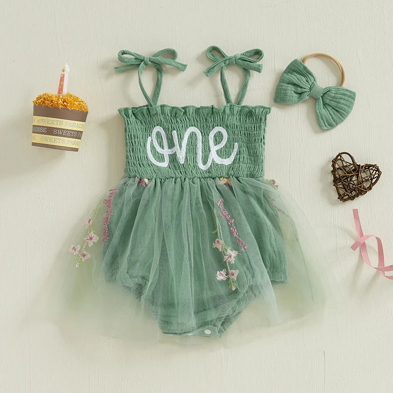 Newborn Baby Girl 1st Birthday Outfits Summer Cute Sleeveless Tie Strap Tulle Bodysuit Dress with Headband Set Infants Clothes