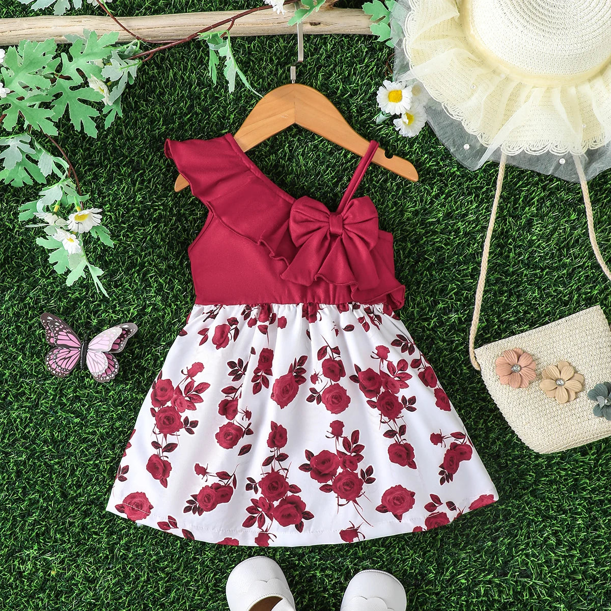 Baby girl clothing Ruffled edges and Sloping shoulder Straps, Fashionable Dress for 0-3 Year old Baby girls, Summer Party Dress
