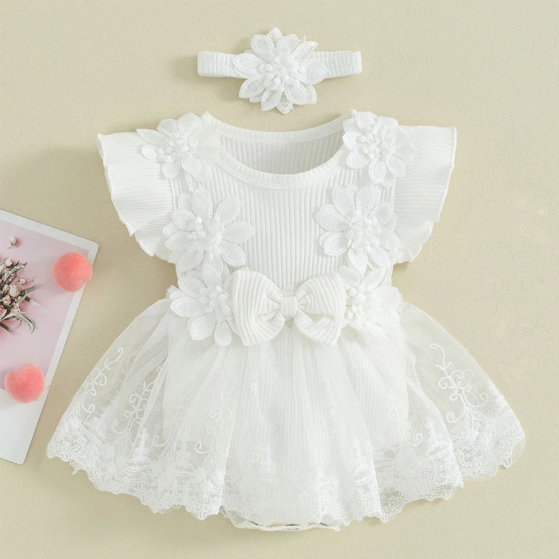 3D Flower Summer Baby Girls Romper Princess Mesh Newborn Clothes Lace Patchwork Ruffle Bodysuit Dress Headband Kids Clothing