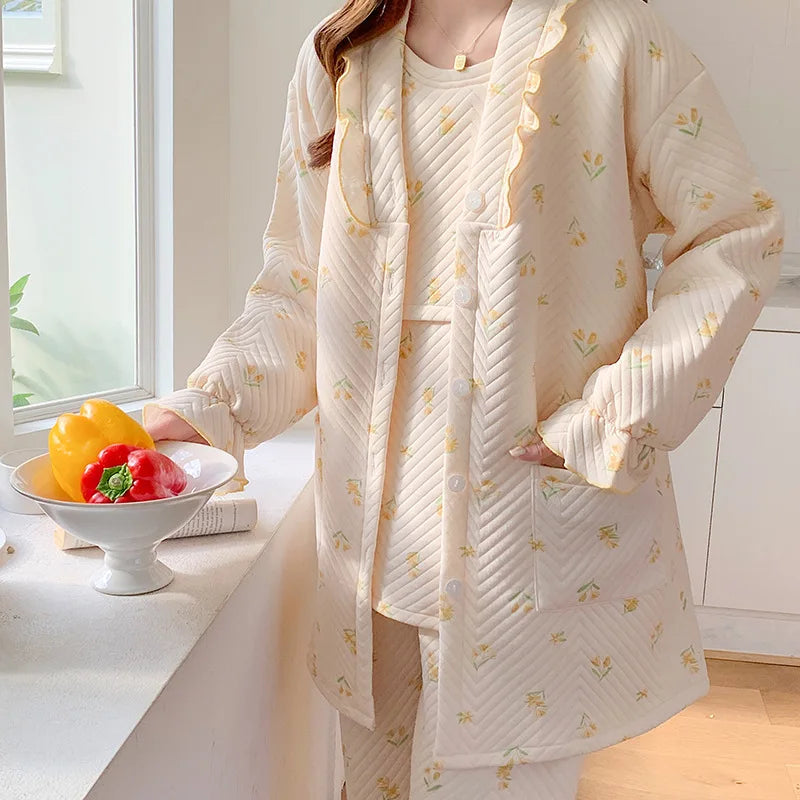 2025 Autumn Nursing Pajamas Korean Cotton Sexy 3pcs/set Maternity Sleepwear Postpartum Breastfeeding Pregnancy Nightwear