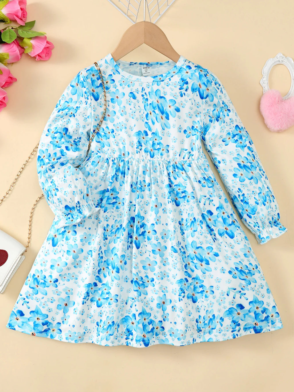 Children Girls' Autumn Dress Blue Tie-dyed Floral Long sleeved Dress Suitable for Daily Casual Clothing of 2-7Year-old Girls