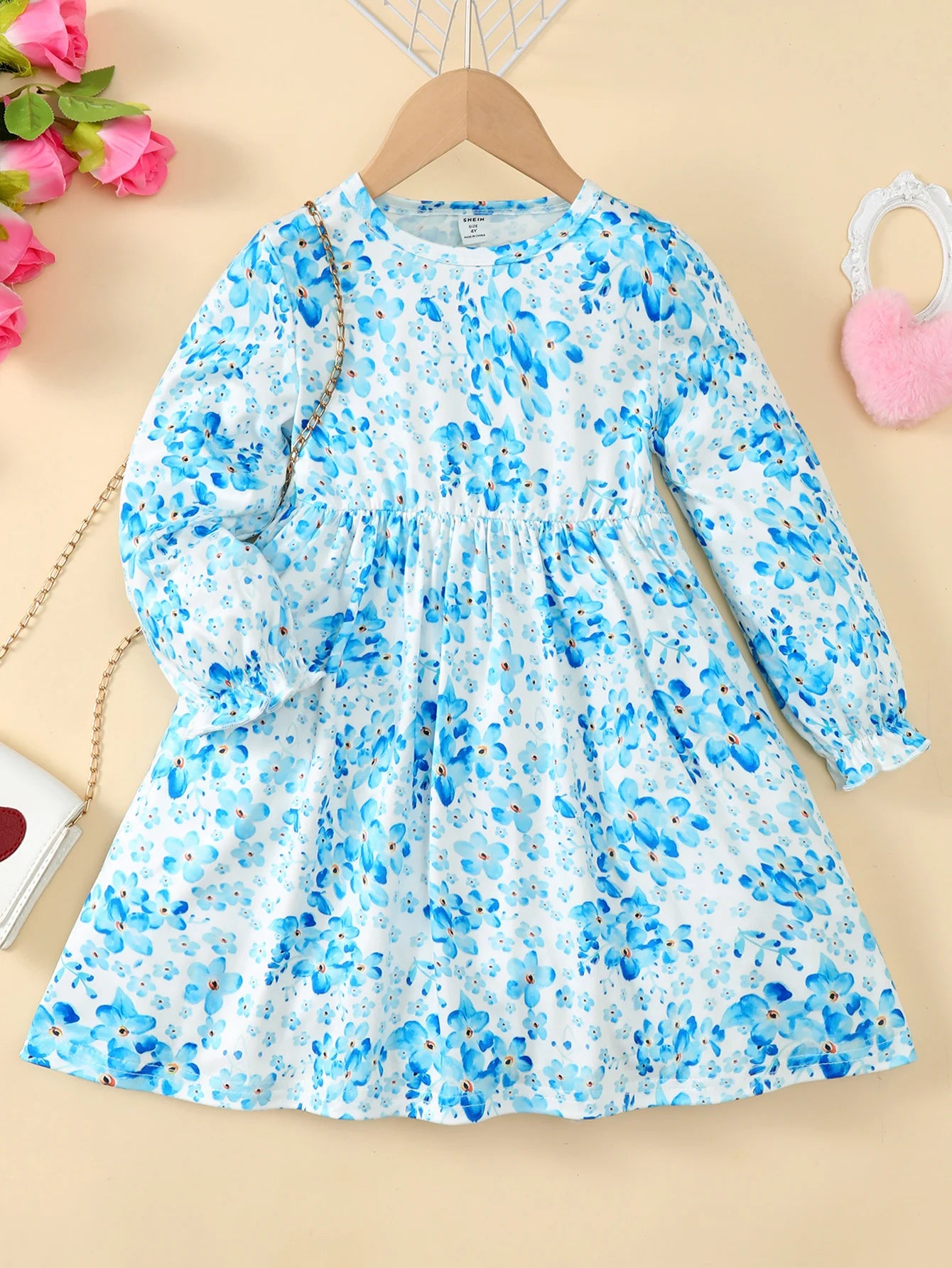 Children Girls' Autumn Dress Blue Tie-dyed Floral Long sleeved Dress Suitable for Daily Casual Clothing of 2-7Year-old Girls