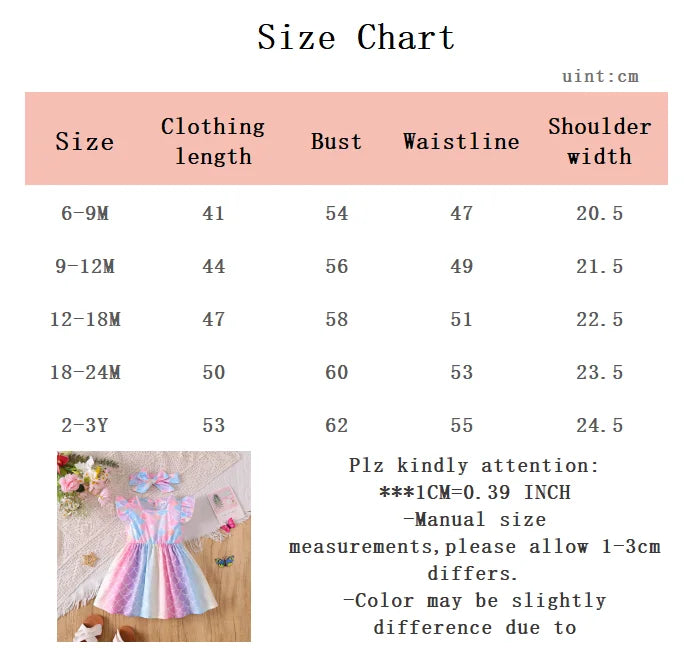 2Pcs Baby girl Dress Round Neck Mermaid print Color Dress+Headband Set suitable for Cute Baby girls 0-3 Years Summer Dress