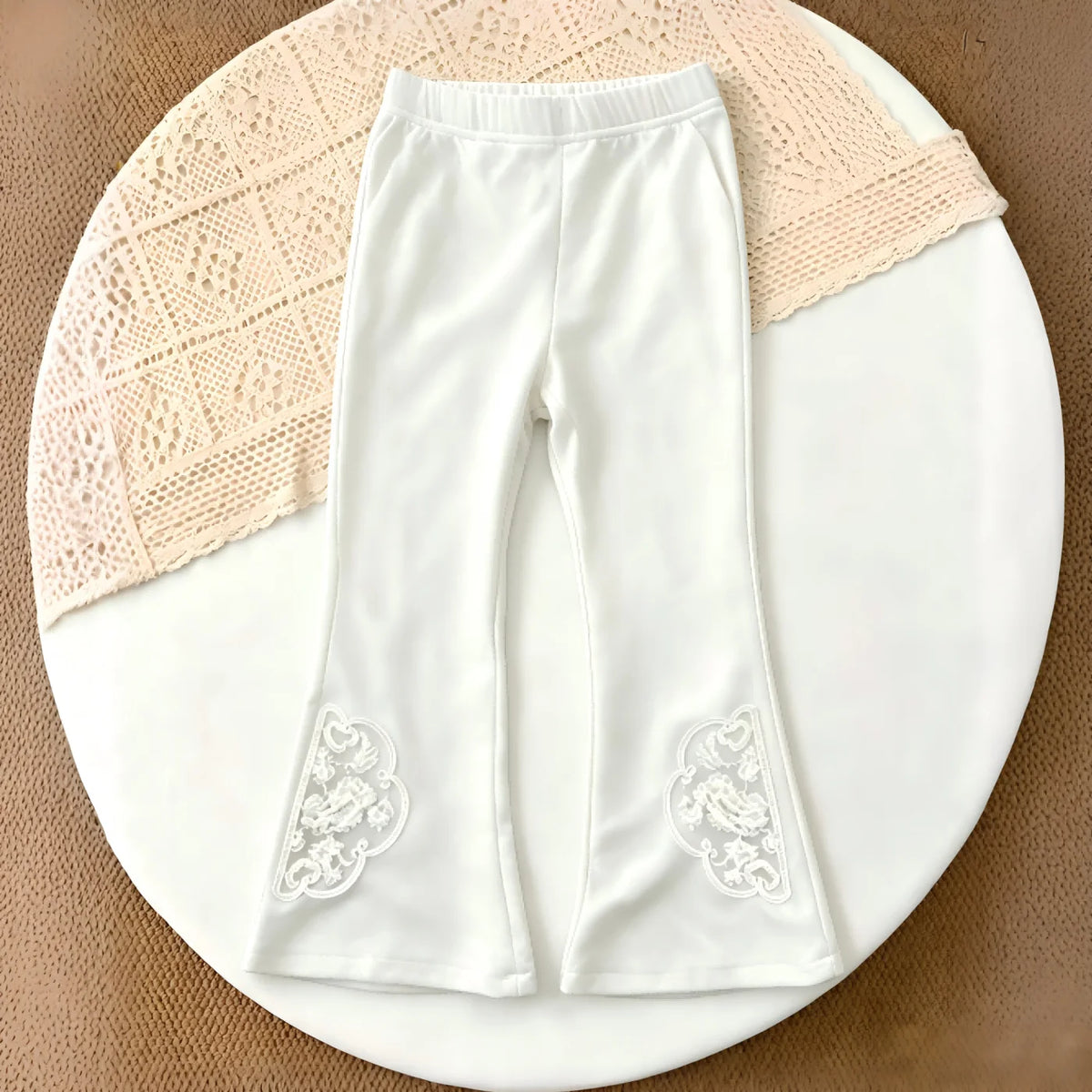Girls Bell Bottom Pants Solid Color Elastic Waist Embroidered 1-8Y For Casual Everyday Wear