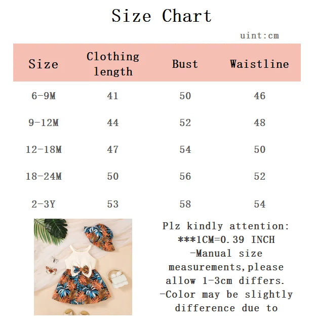 2Pcs Summer Baby girl Dress Maple leaves Bow Dress+Hat Set 0-3 Year Old Baby Girl Summer Beach Vacation Casual Dress