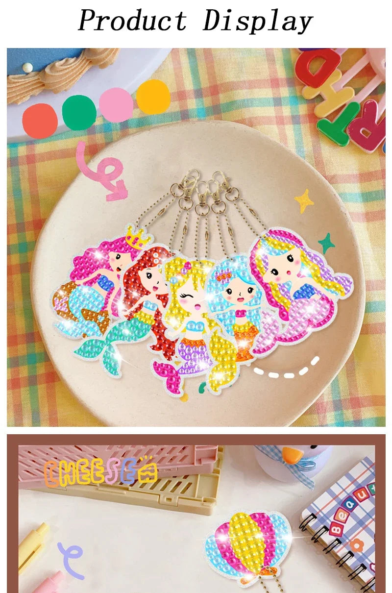 15 Piece Diamond Painting Handicraft Set for Children's Handmade DIY Mermaid Animal Keychain as a Gift for Children's