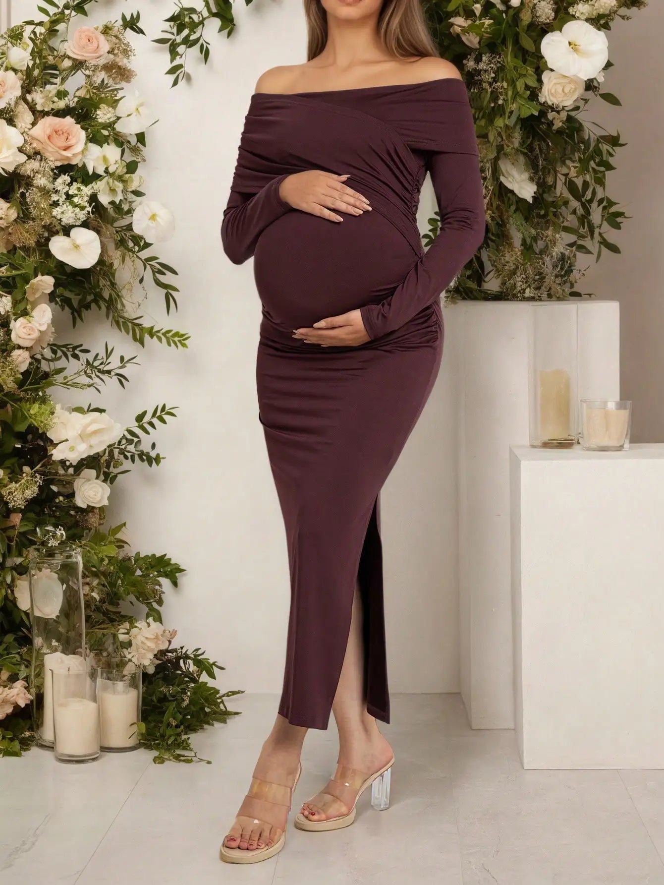 Pregnant Women Maternity Dresses Off Shoulder Long Sleeve Ruched Maxi Dress with Side Slit for Baby Shower, Photoshoot