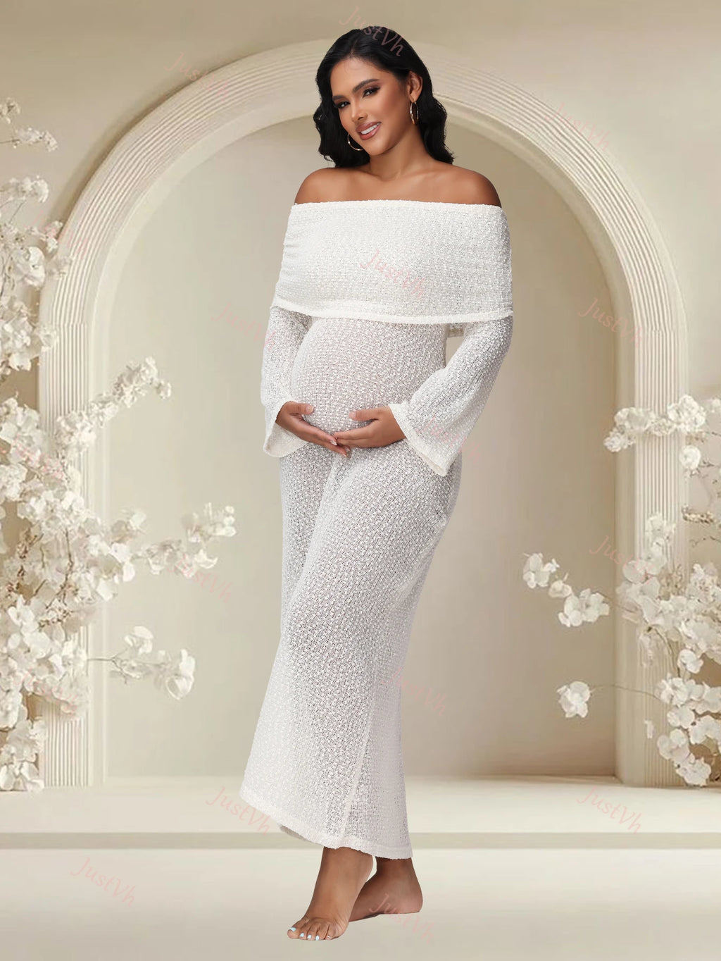 Maternity Off Shoulder Long Sleeves Semi-Sheer Knit Solid Dress for Baby Shower Party Photoshoot