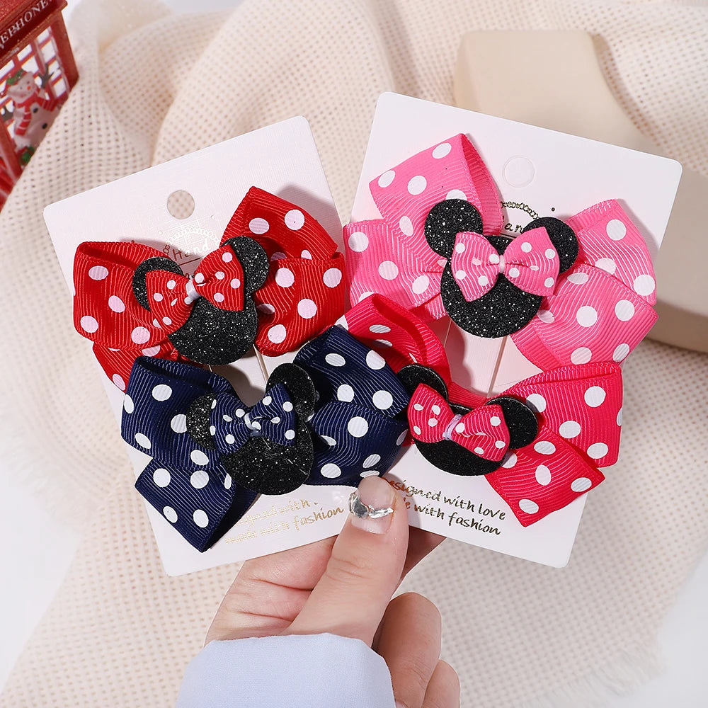 2/4Pcs Cute Bows Hair Clip for Children Boutique Cartoon Headdress Classic Woven Ribbon Polka Dot Pattern Kids Hair Clip