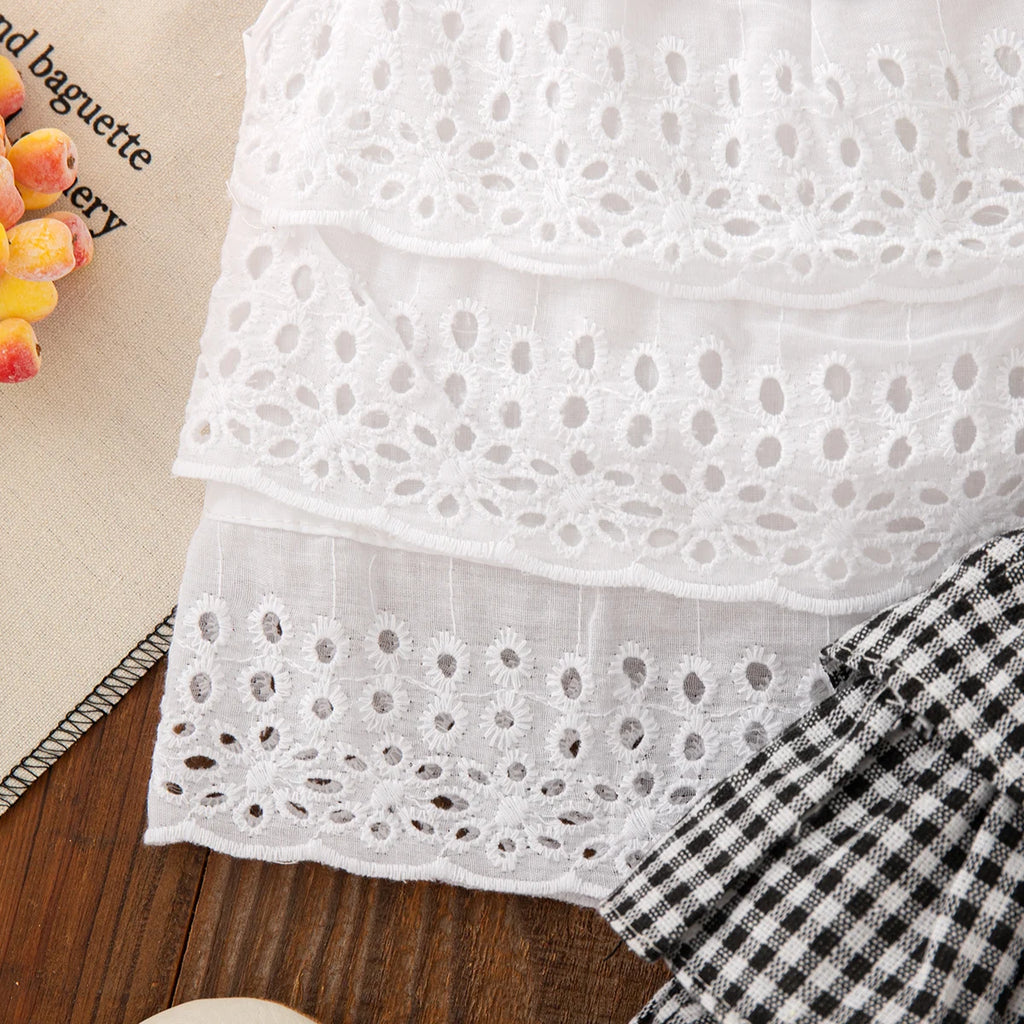 2pc/Set Girls' Suit Summer Bow And Plaid Lace Trim Short Sleeve Casual Toddler Girl Clothes Cute Simple Children Clothes