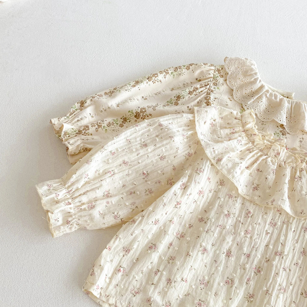 Spring and Autumn New Style Girls' baby Lace-Trim Sweet and Stylish Floral Top with Overalls Two-Piece Set