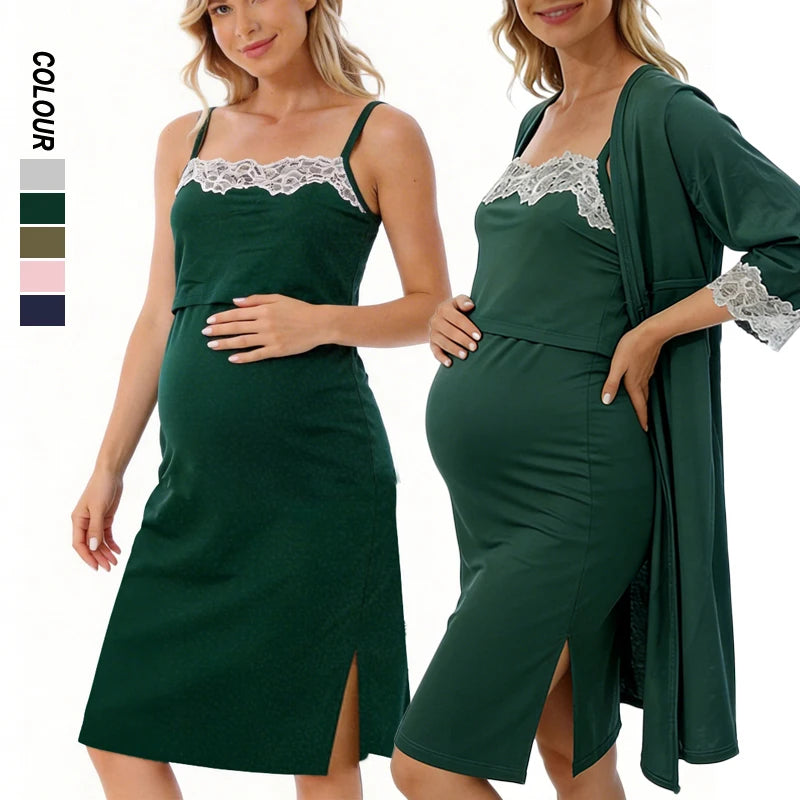 2pcs/Set Pregnancy Pajamas Sleepwear Nursing Pregnant Woman Sling Breastfeeding Nightgown Maternity Labor Dress+Robe Childbirth