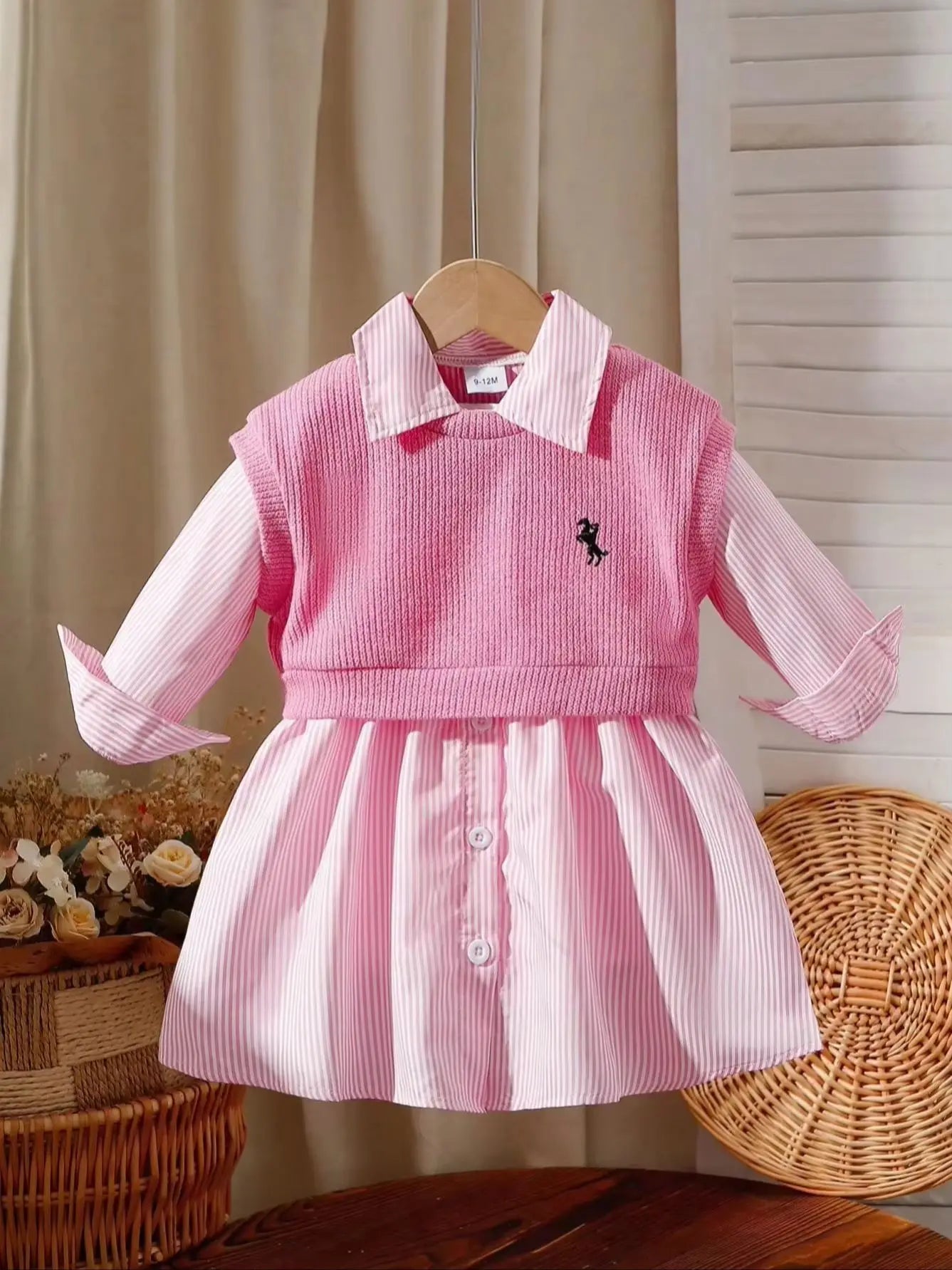 Two-piece baby girl embroidered vest and striped long-sleeved shirt dress for daily casual wear, versatile for spring and summer
