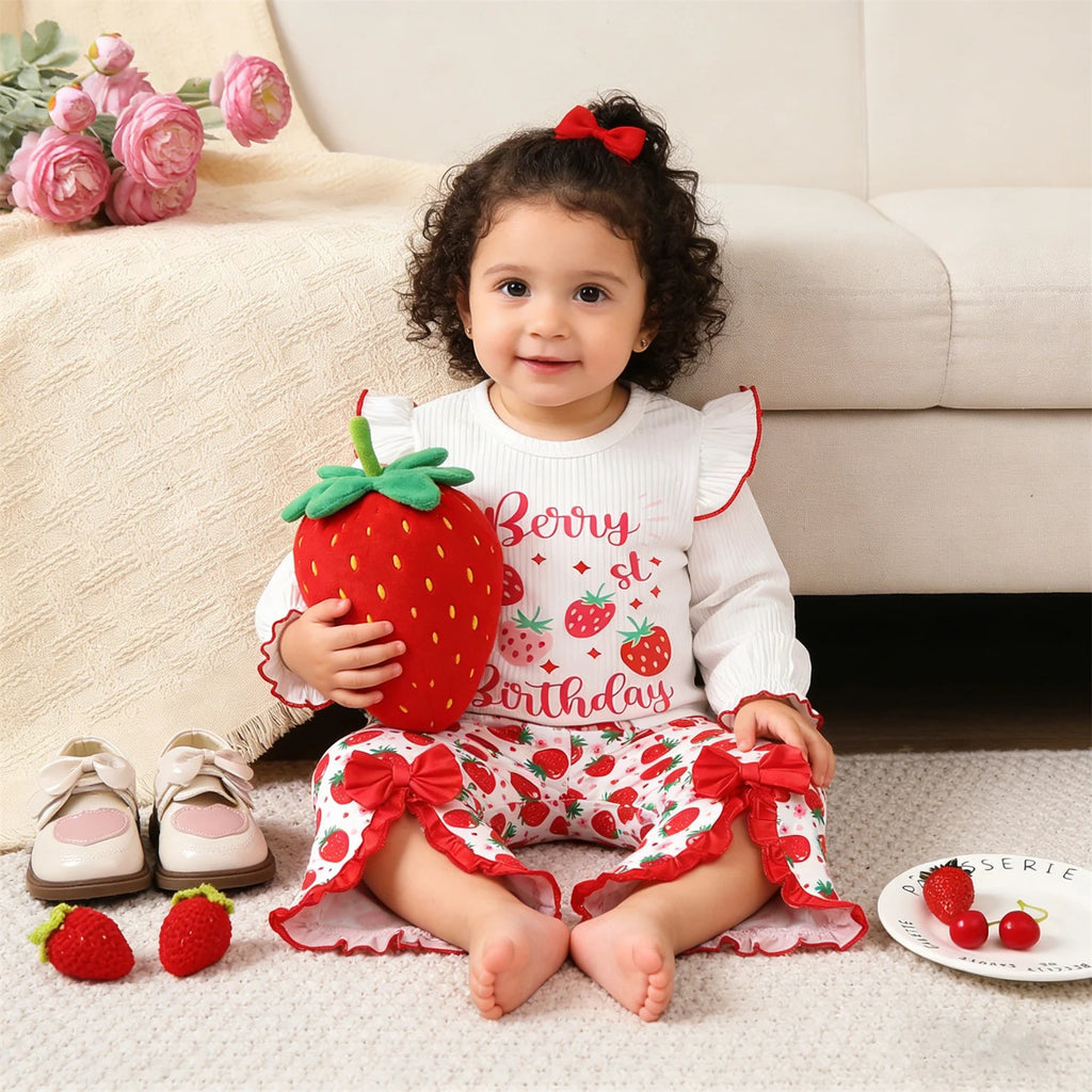 Baby Girl Set Strawberry Printed Long Sleeve+Bellbottom Pants Fashion Set for 0-3 Year Female Baby Spring Autumn Leisure Set