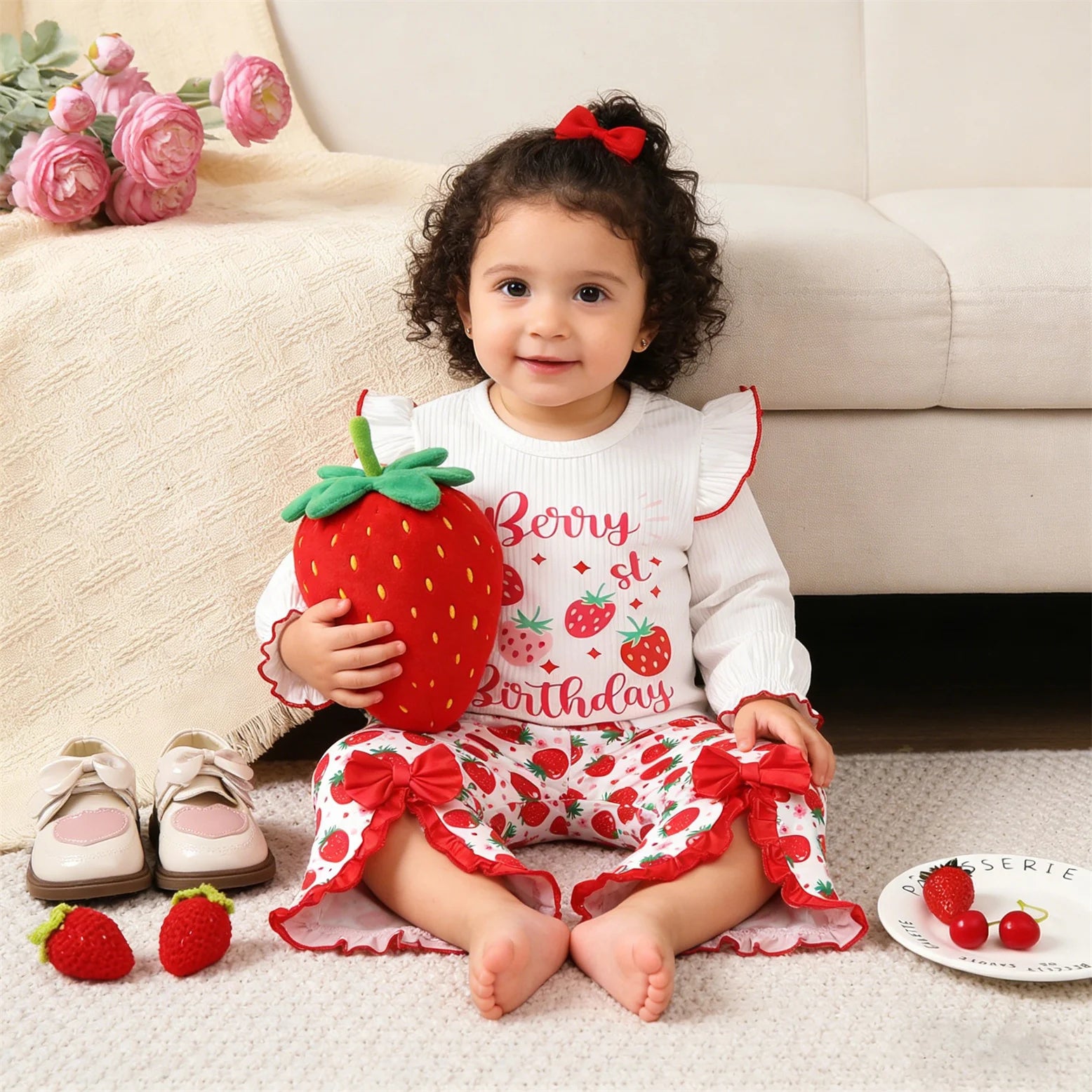 Baby Girl Set Strawberry Printed Long Sleeve+Bellbottom Pants Fashion Set for 0-3 Year Female Baby Spring Autumn Leisure Set