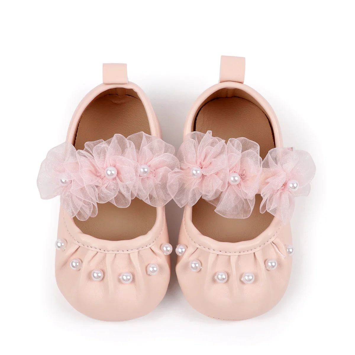 Charming Baby Girls' Pearl Decor Mesh Flower Soft Sole Flats