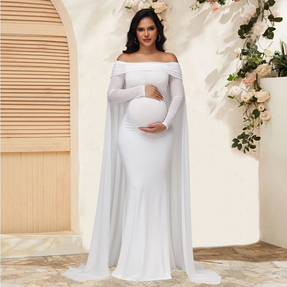 Maternity Mesh Long Sleeve Off Shoulder Chiffion Shawl Long Dress Photography Bodycon Mermaid Gown for Photoshoot Baby Shower